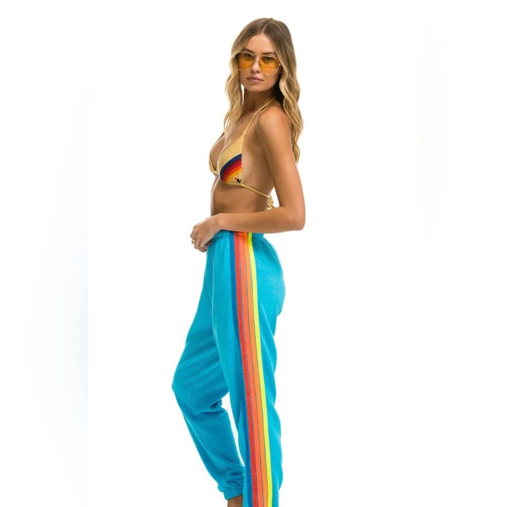 aviator nation blue five stripe sweatpants with neon stripes
